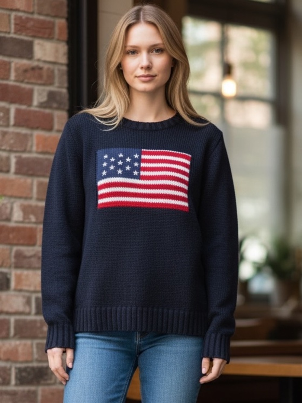 SHEIN Black Crewneck Sweater with American Flag Patch